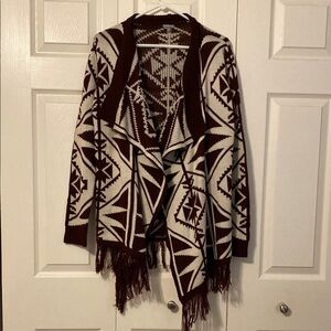 Charlotte Russe Brown and Cream Knit Cardigan with Fringe
